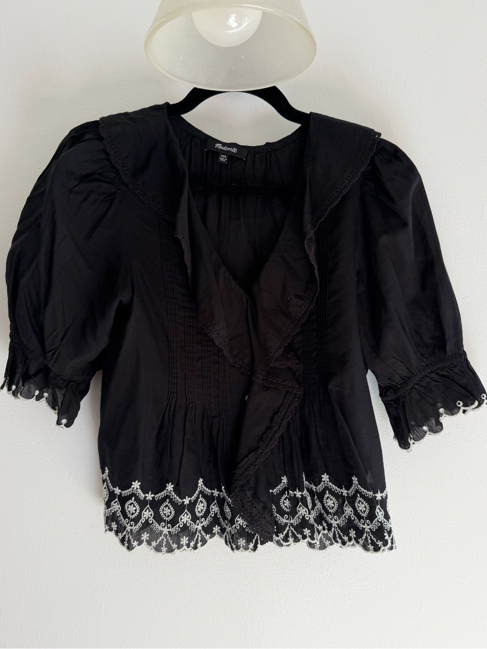 Madewell Black Puff Sleeve Embroidered Hem Blouse